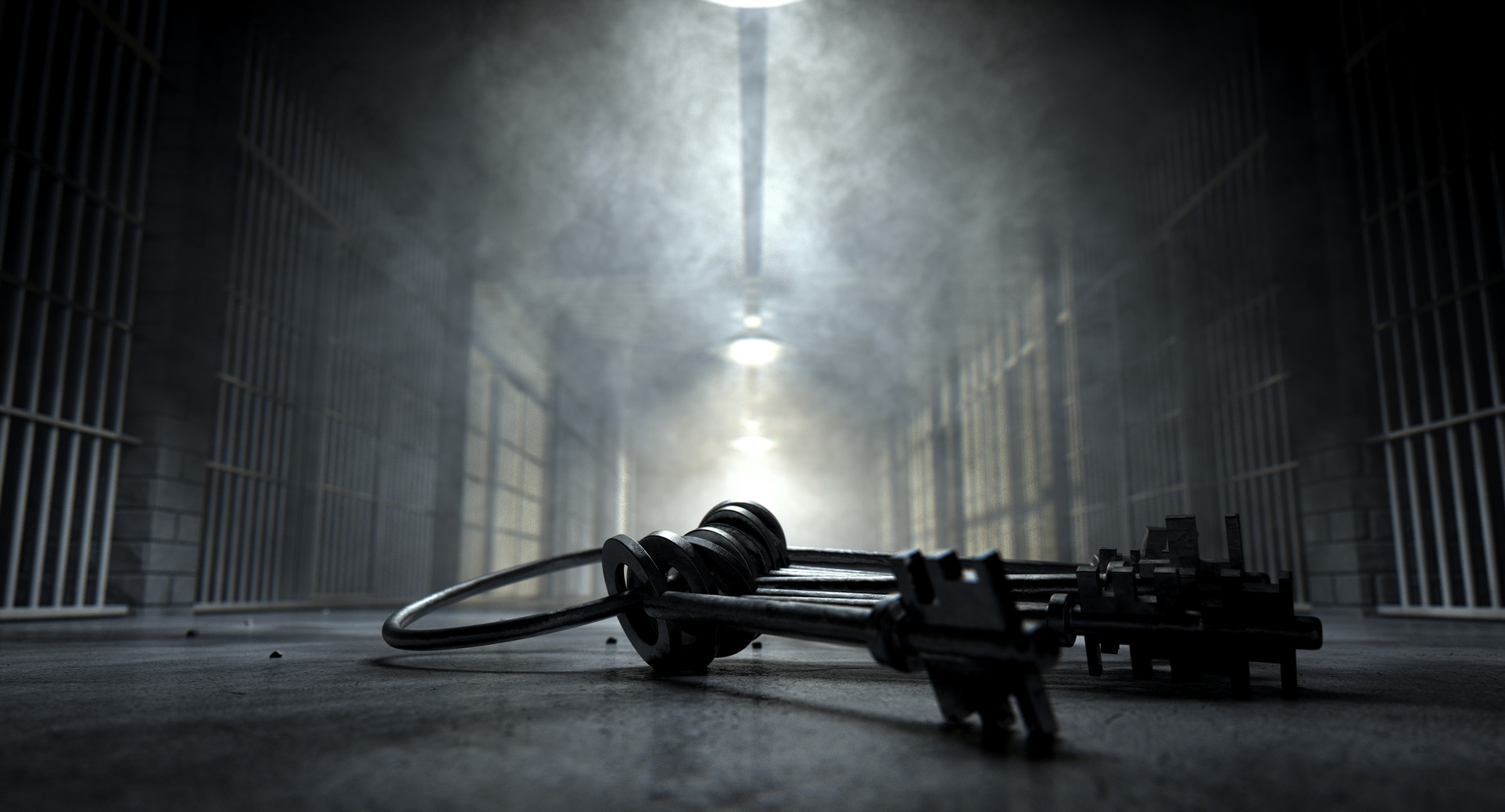 A concept image of an eerie corridor in a prison at night showing jail cells dimly illuminated by various ominous lights and a bunch of cell keys laying ominously on the floor